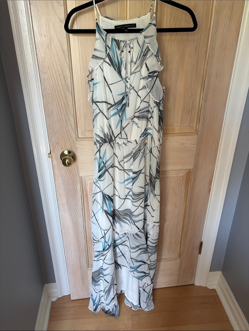 White House Black Market White Dress with Blue and Gray Print